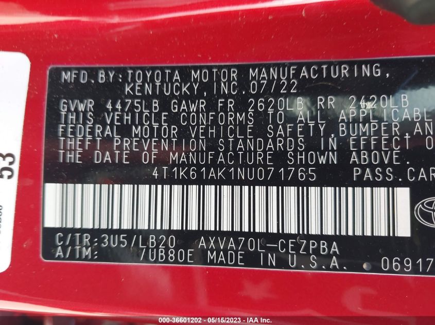 2022 TOYOTA CAMRY XSE - 4T1K61AK1NU071765