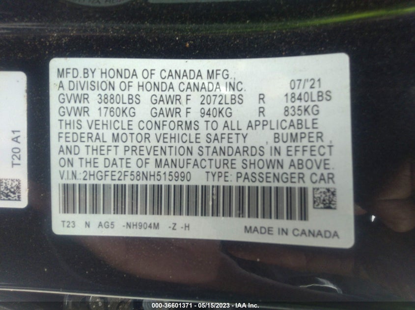 VIN 2HGFE2F58NH515990 2022 HONDA CIVIC SEDAN SPORT