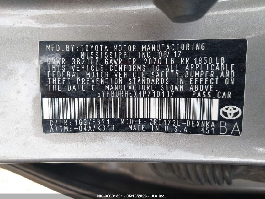 2017 TOYOTA COROLLA L/LE/XLE/SE - 5YFBURHEXHP710137