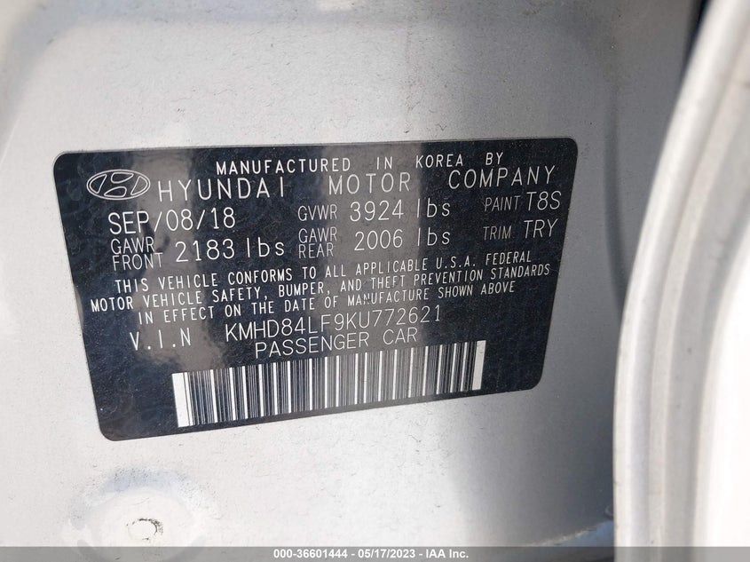 VIN KMHD84LF9KU772621 2019 HYUNDAI ELANTRA SEL