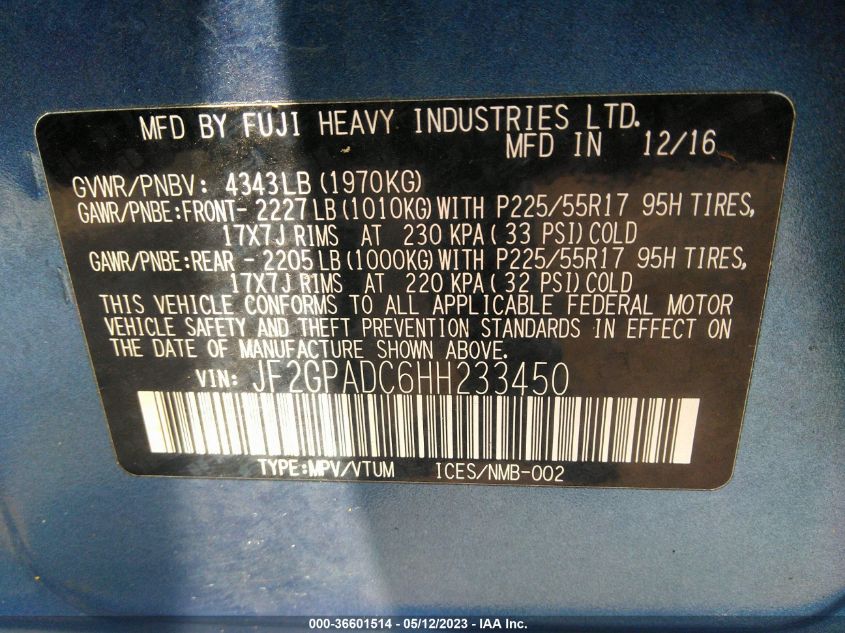 2017 SUBARU CROSSTREK PREMIUM - JF2GPADC6HH233450