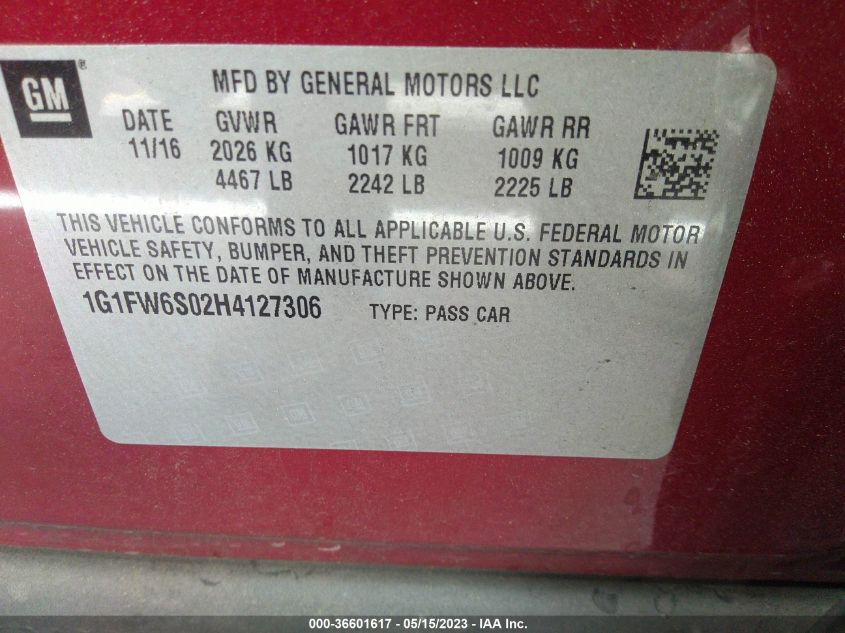 2017 CHEVROLET BOLT EV LT 1G1FW6S02H4127306
