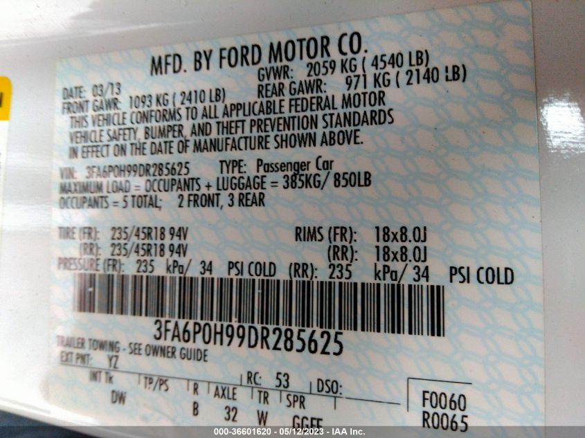 2013 FORD FUSION SE - 3FA6P0H99DR285625