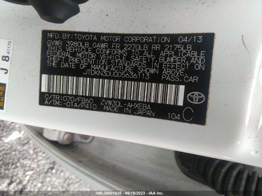 2013 TOYOTA PRIUS ONE/TWO/THREE/FOUR/FIVE - JTDKN3DU0D5636113