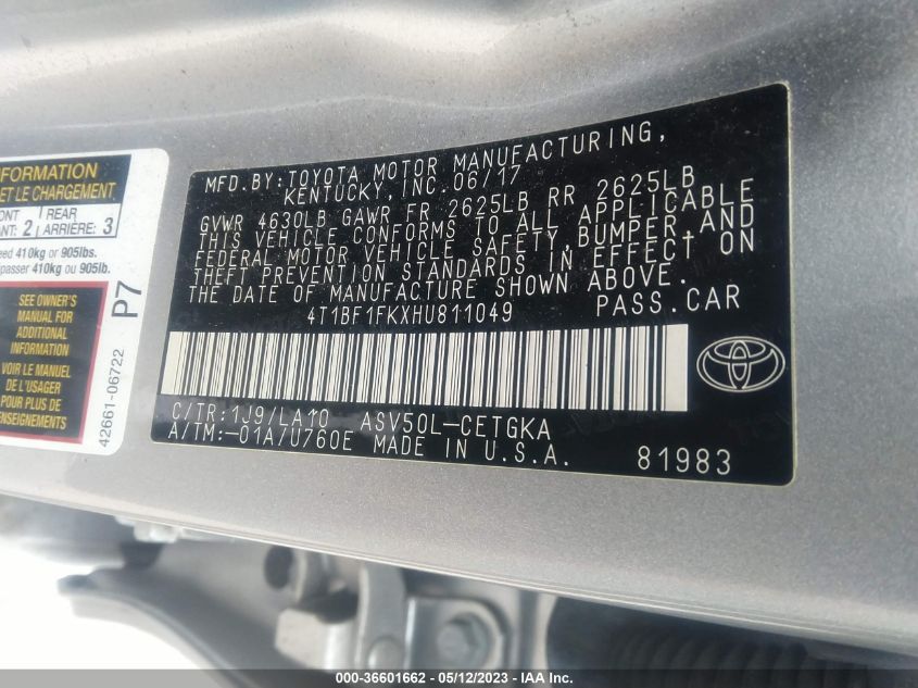 2017 TOYOTA CAMRY XLE/SE/LE/XSE - 4T1BF1FKXHU811049