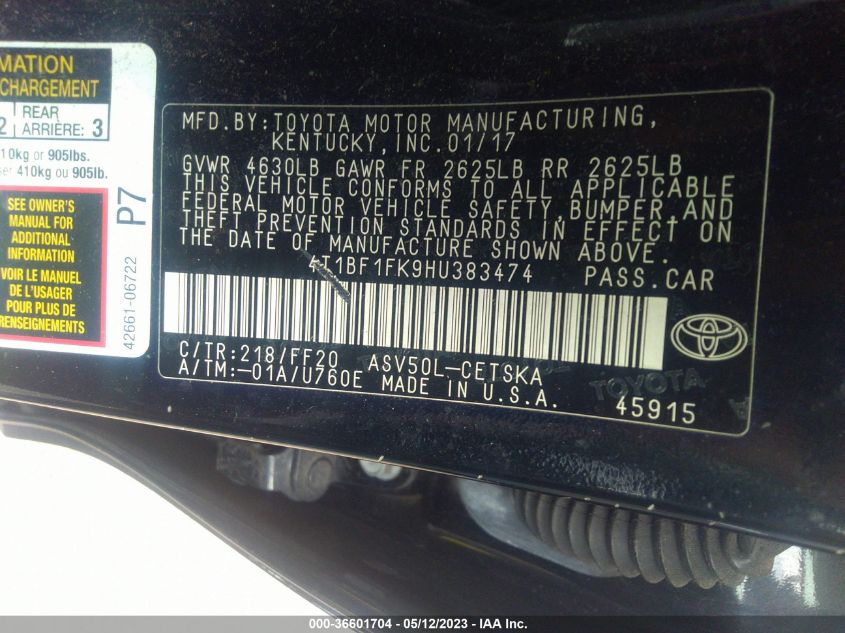 2017 TOYOTA CAMRY XLE/SE/LE/XSE - 4T1BF1FK9HU383474