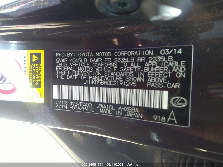 2014 LEXUS CT 200H HYBRID - JTHKD5BH0E2191295