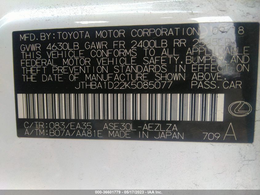 2019 LEXUS IS IS 300 - JTHBA1D22K5085077