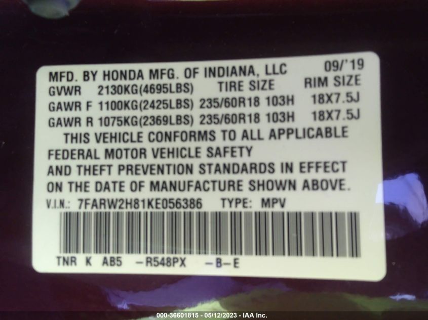 2019 HONDA CR-V EX-L - 7FARW2H81KE056386