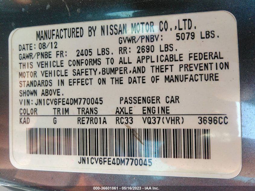 2013 INFINITI G37 CONVERTIBLE BASE JN1CV6FE4DM770045