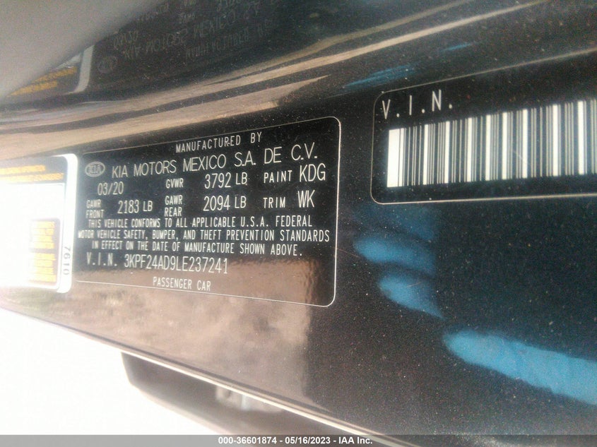 VIN 3KPF24AD9LE237241 2020 KIA FORTE LXS