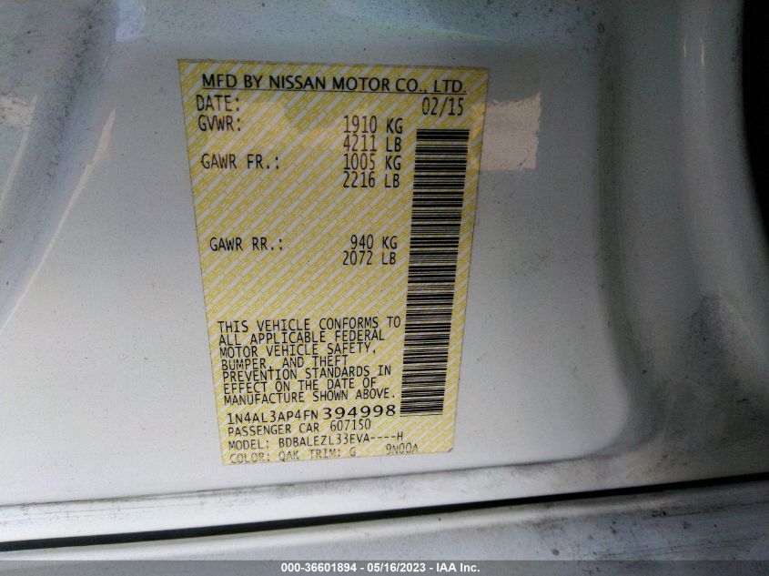 2015 NISSAN ALTIMA 2.5 S - 1N4AL3AP4FN394998