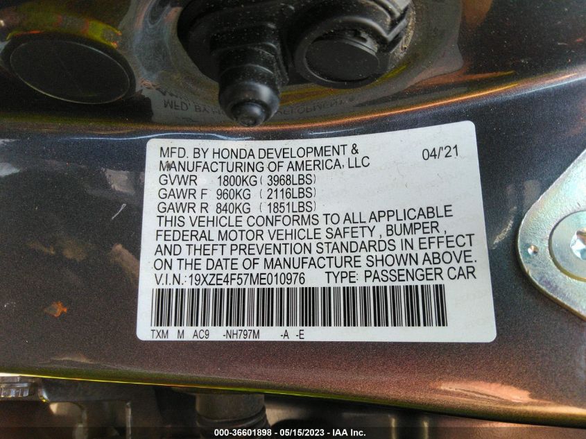 2021 HONDA INSIGHT EX 19XZE4F57ME010976