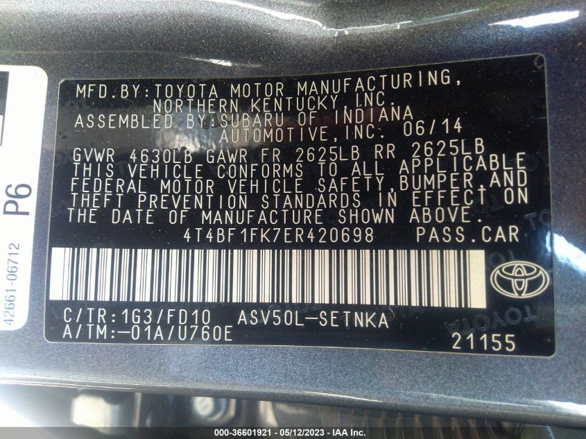 2014 TOYOTA CAMRY L/LE/XLE/SE/SE SPORT - 4T4BF1FK7ER420698