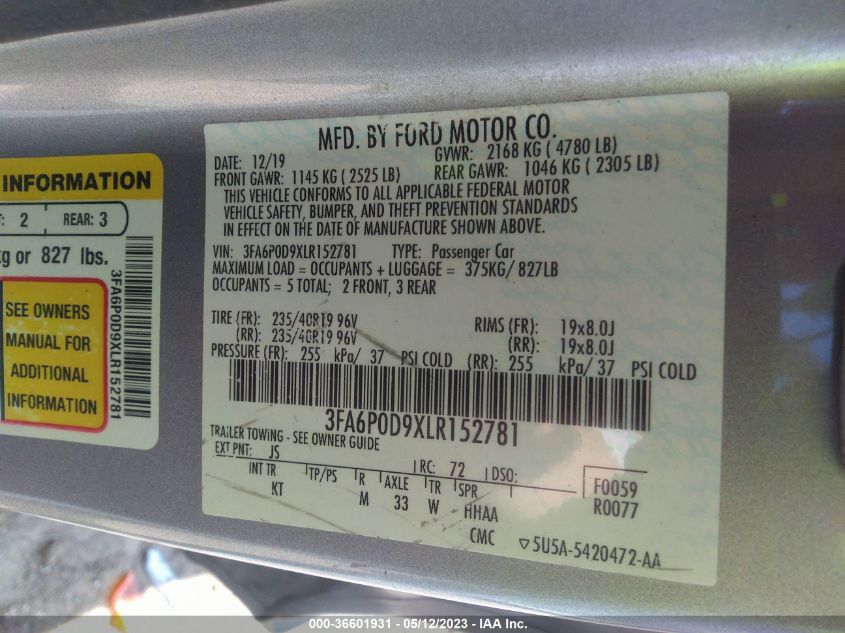 2020 FORD FUSION TITANIUM - 3FA6P0D9XLR152781