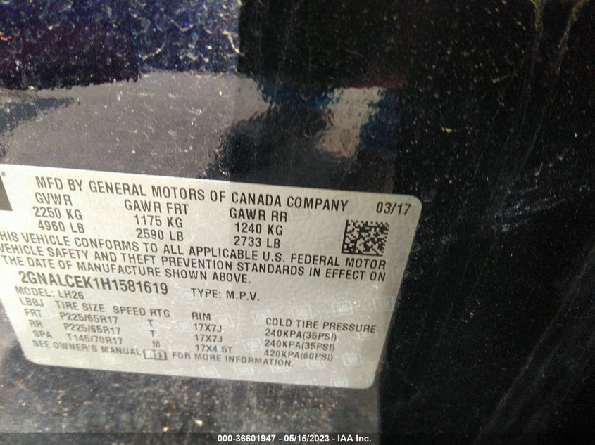VIN 2GNALCEK1H1581619 2017 CHEVROLET EQUINOX LT