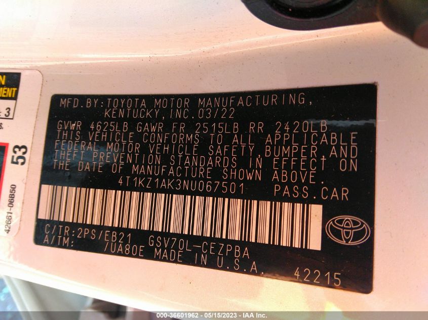 2022 TOYOTA CAMRY V6 - 4T1KZ1AK3NU067501