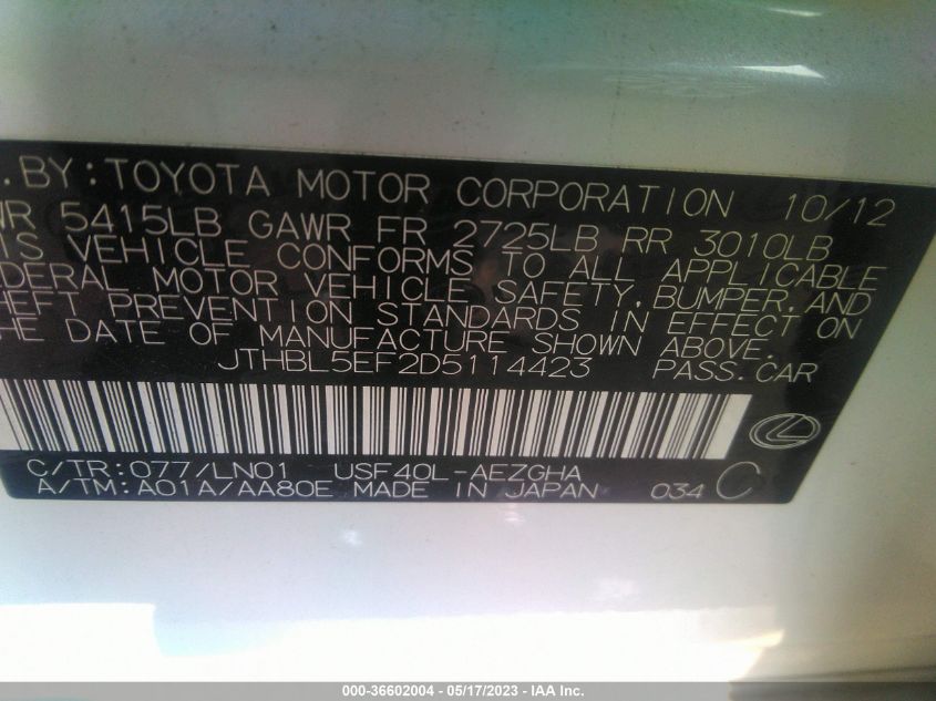 2013 LEXUS LS 460 - JTHBL5EF2D5114423