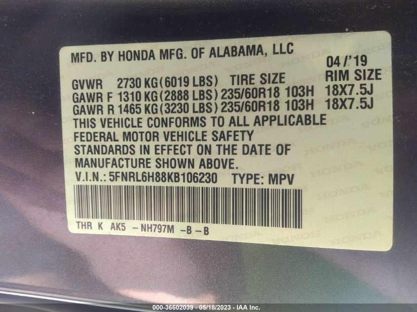 2019 HONDA ODYSSEY TOURING - 5FNRL6H88KB106230
