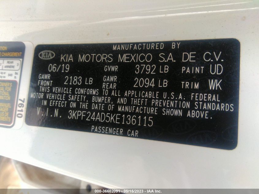 2019 KIA FORTE LXS - 3KPF24AD5KE136115