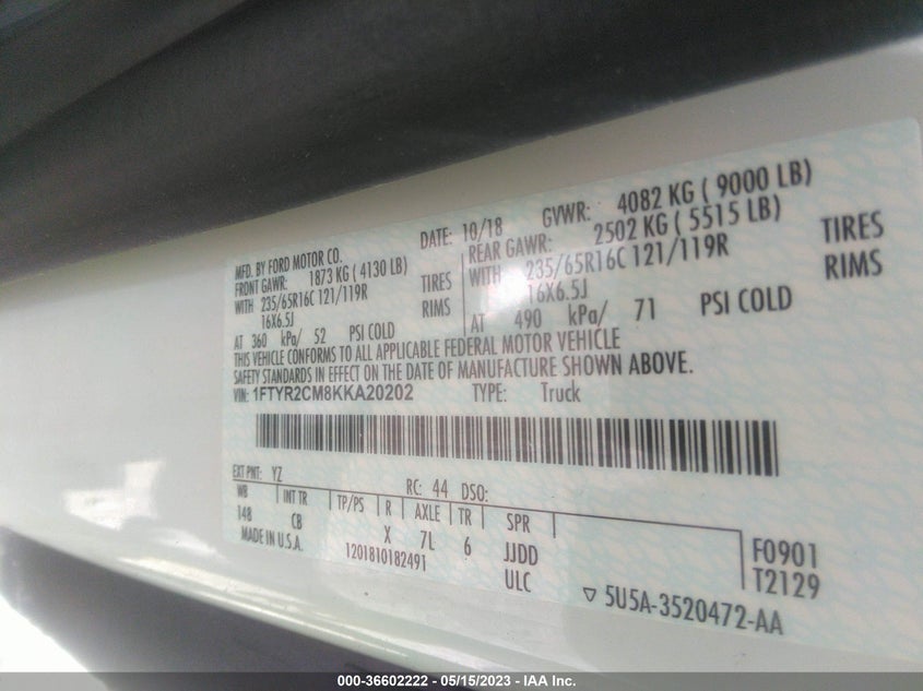 VIN 1FTYR2CM8KKA20202 2019 FORD TRANSIT VAN