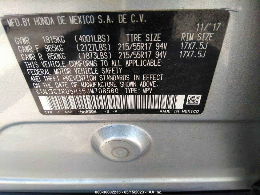 VIN 3CZRU5H35JM706560 2018 HONDA HR-V LX