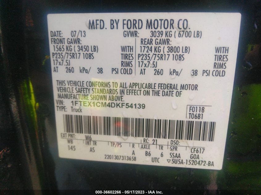 2013 FORD F-150 XL/STX/XLT - 1FTEX1CM4DKF54139