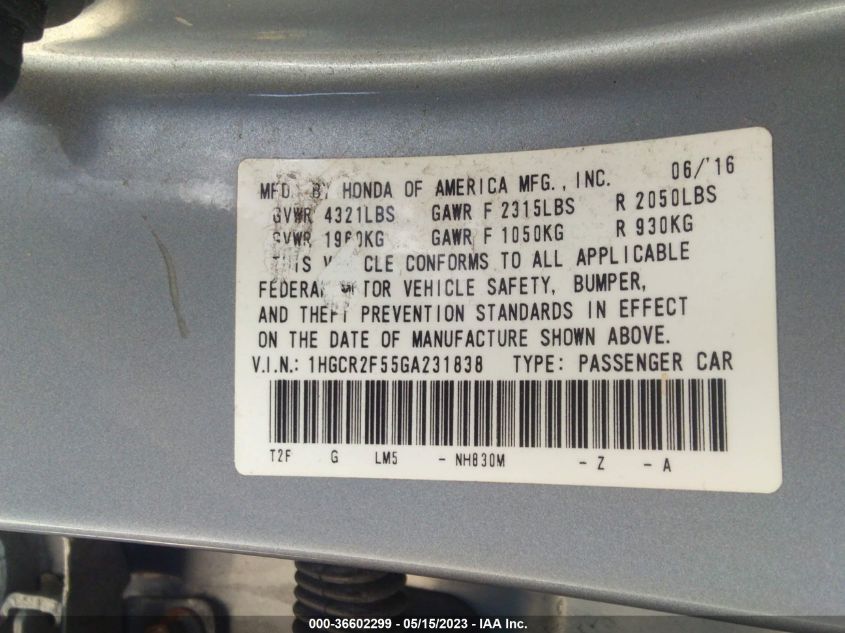 2016 HONDA ACCORD SEDAN SPORT - 1HGCR2F55GA231838