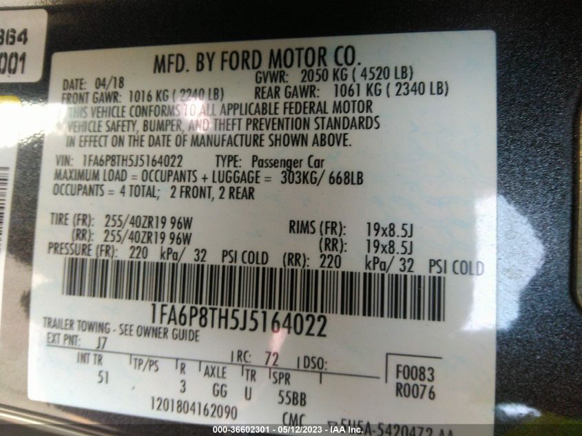 2018 FORD MUSTANG ECOBOOST - 1FA6P8TH5J5164022