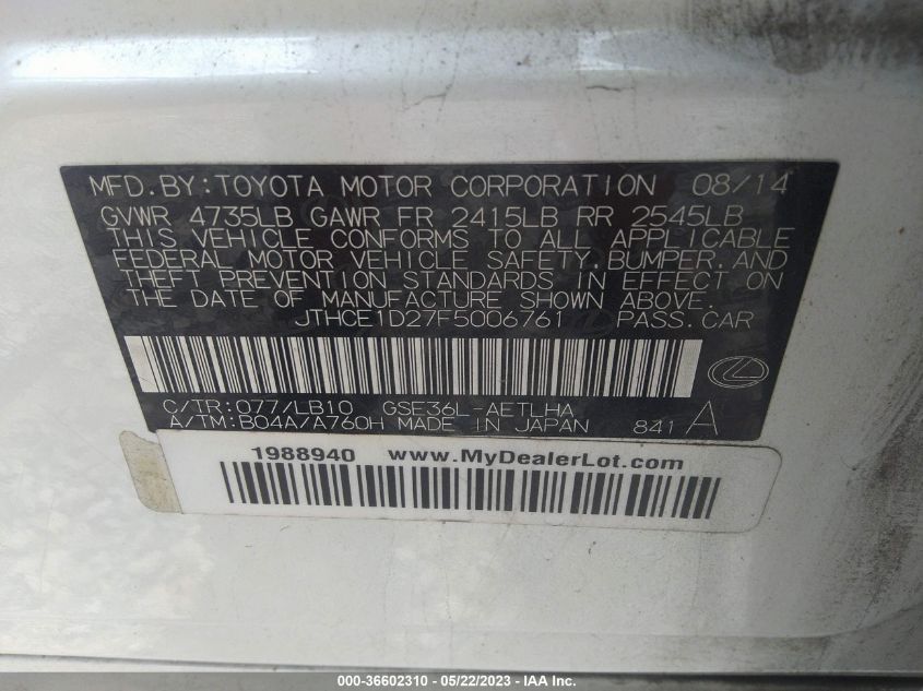 2015 LEXUS IS 350 JTHCE1D27F5006761