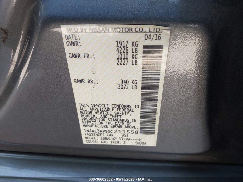 2016 NISSAN ALTIMA 2.5 SR - 1N4AL3AP9GC211558