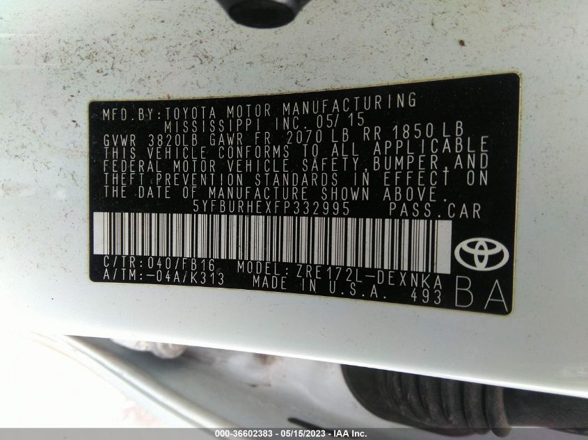 2015 TOYOTA COROLLA L/LE/S/S PLUS/LE PLUS - 5YFBURHEXFP332995