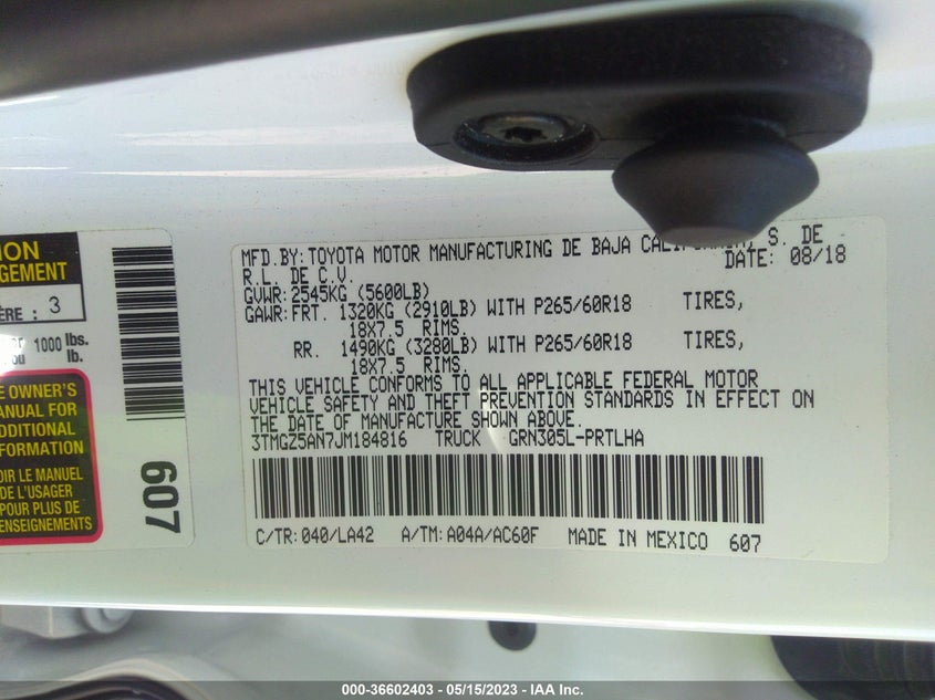 VIN 3TMGZ5AN7JM184816 2018 TOYOTA TACOMA SR/SR5/TRD SPORT