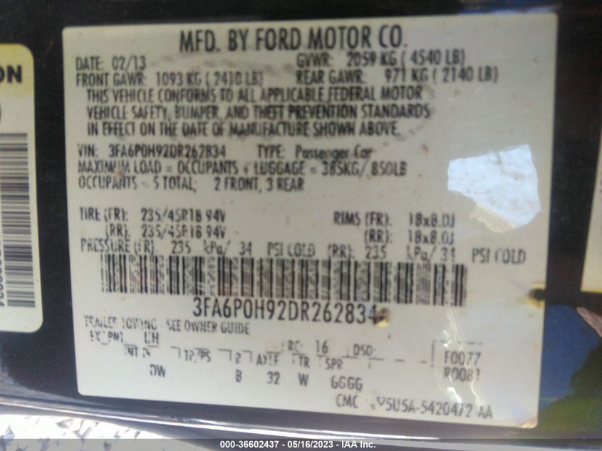 2013 FORD FUSION SE - 3FA6P0H92DR262834