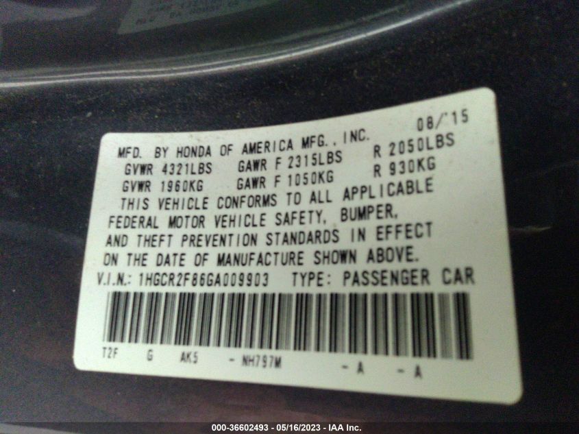 2016 HONDA ACCORD SEDAN EX-L - 1HGCR2F86GA009903