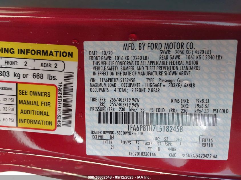 2020 FORD MUSTANG ECOBOOST - 1FA6P8TH7L5182458