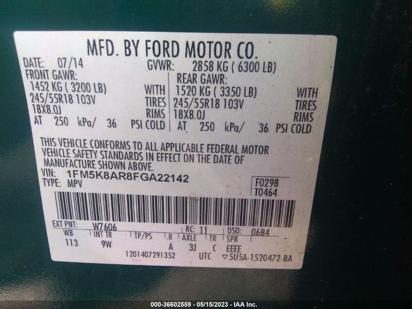 2015 FORD UTILITY POLICE 1FM5K8AR8FGA22142