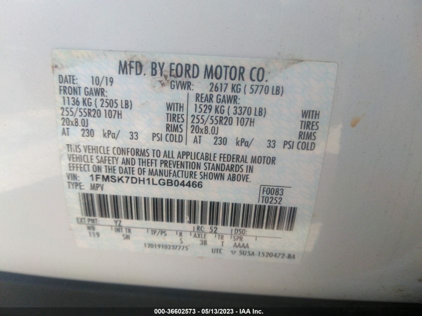 2020 FORD EXPLORER XLT - 1FMSK7DH1LGB04466