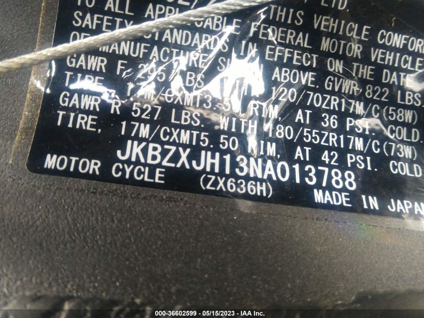 2022 KAWASAKI ZX636 K JKBZXJH13NA013788