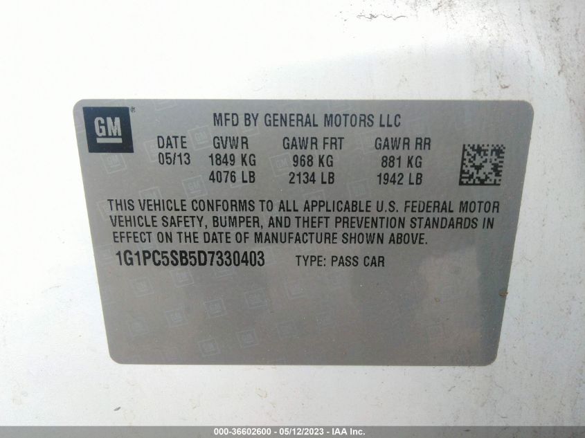 2013 CHEVROLET CRUZE 1LT - 1G1PC5SB5D7330403