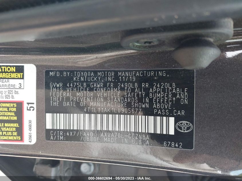 2020 TOYOTA CAMRY LE - 4T1L11AK1LU905677