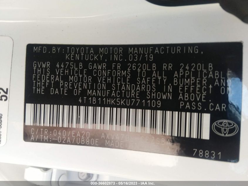 2019 TOYOTA CAMRY LE/SE/XLE/L - 4T1B11HK5KU771109