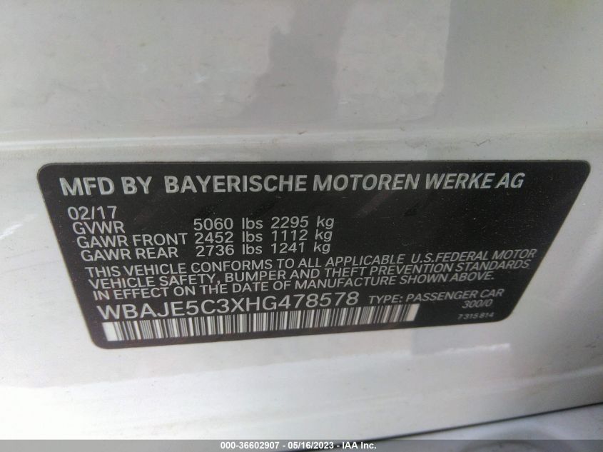 2017 BMW 5 SERIES 540I - WBAJE5C3XHG478578