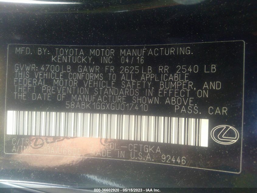 2016 LEXUS ES 350 - 58ABK1GGXGU017410
