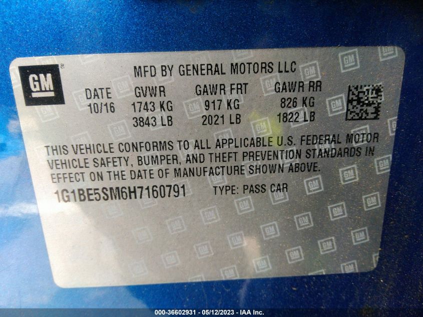 2017 CHEVROLET CRUZE LT - 1G1BE5SM6H7160791