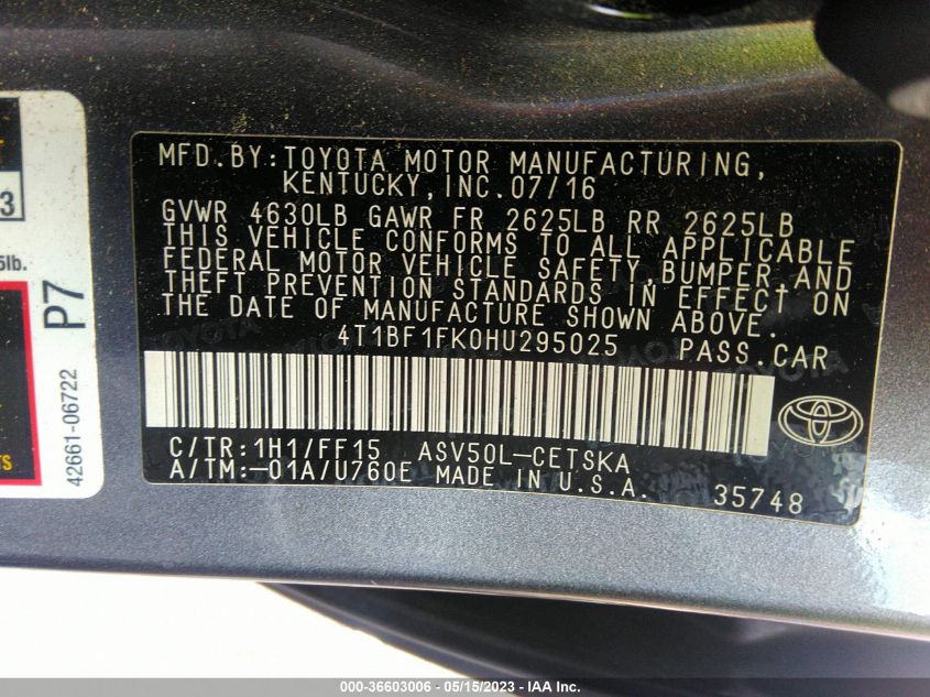 2017 TOYOTA CAMRY XLE/SE/LE/XSE - 4T1BF1FK0HU295025