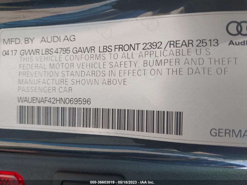 2017 AUDI A4 PREMIUM PLUS - WAUENAF42HN069596