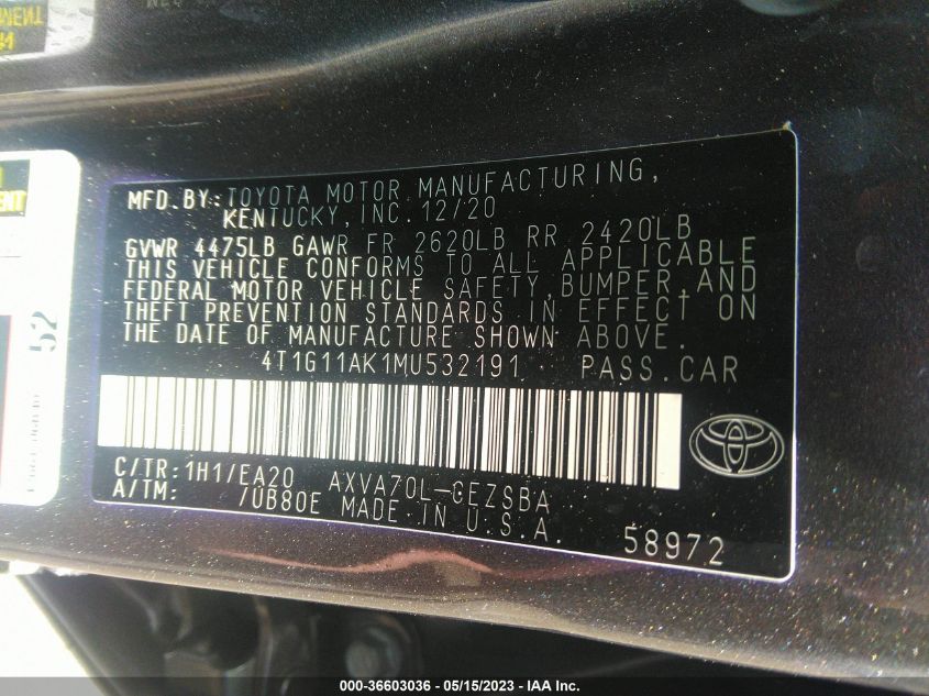 2021 TOYOTA CAMRY SE - 4T1G11AK1MU532191