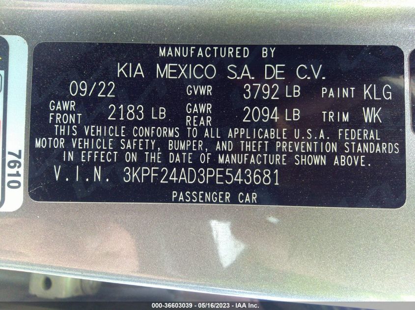 2023 KIA FORTE LXS - 3KPF24AD3PE543681