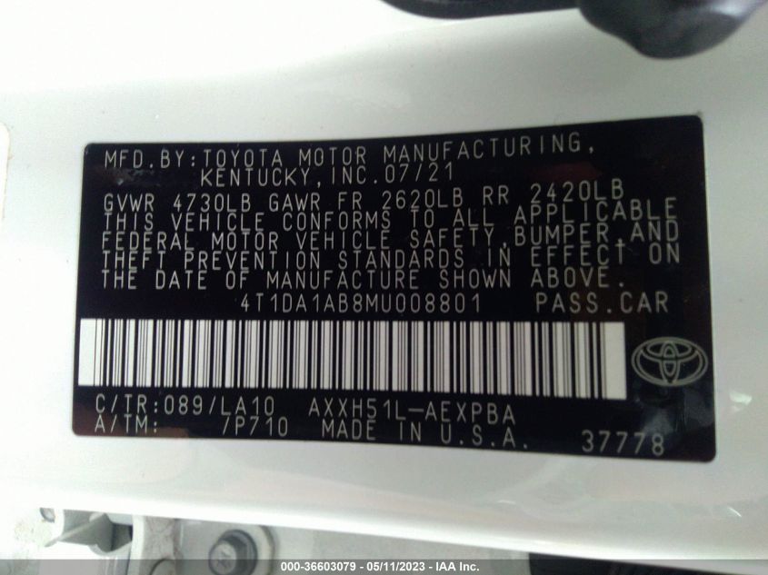 2021 TOYOTA AVALON HYBRID LIMITED - 4T1DA1AB8MU008801